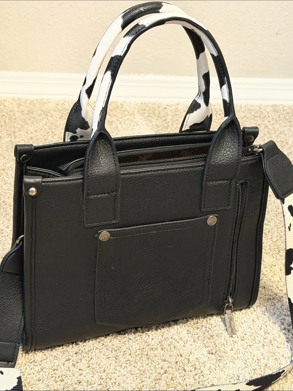 Wrangler Black & White Cow Print Satchel